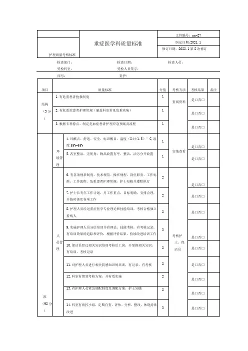 重症医学科护理质量控制考核标准
