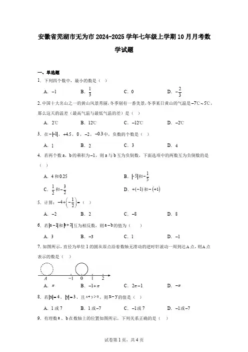 安徽省芜湖市无为市2024-2025学年七年级上学期10月月考数学试题