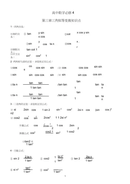 高中数学必修4第三章_三角恒等变换知识点