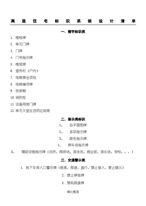 高层住宅标识清单