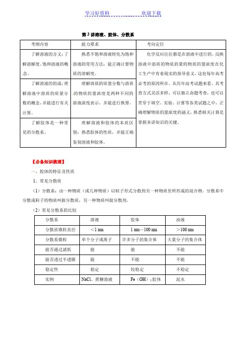 高考化学一轮复习专题 溶液胶体分散系(教师)