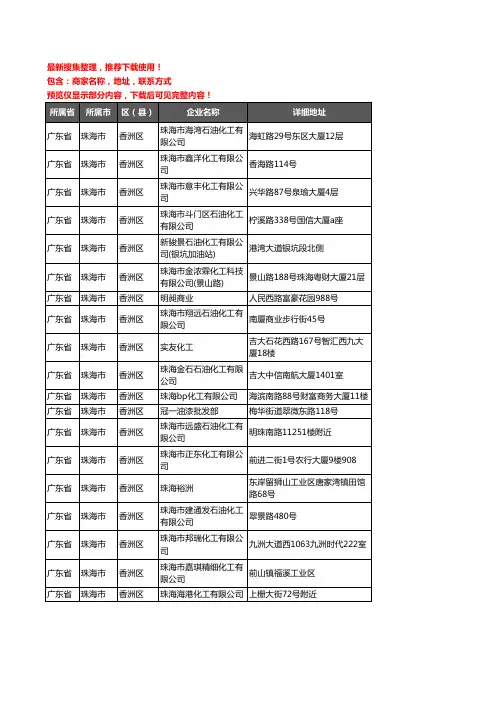 新版广东省珠海市香洲区化工厂企业公司商家户名录单联系方式地址大全73家