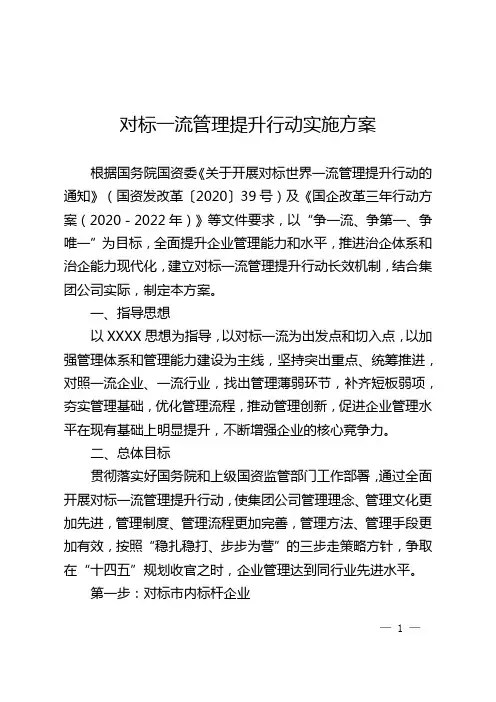 对标一流管理提升行动实施方案