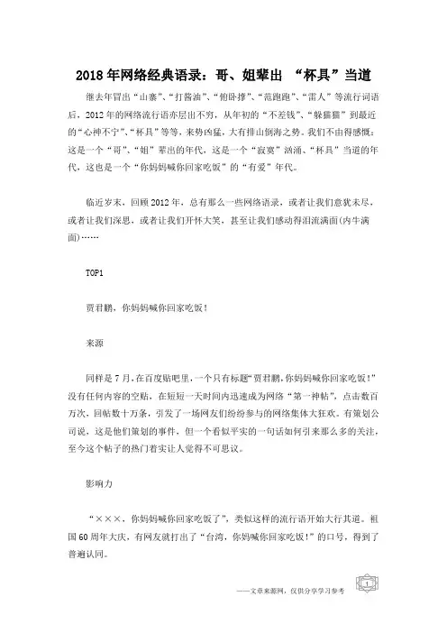 2018年网络经典语录：哥、姐辈出 “杯具”当道
