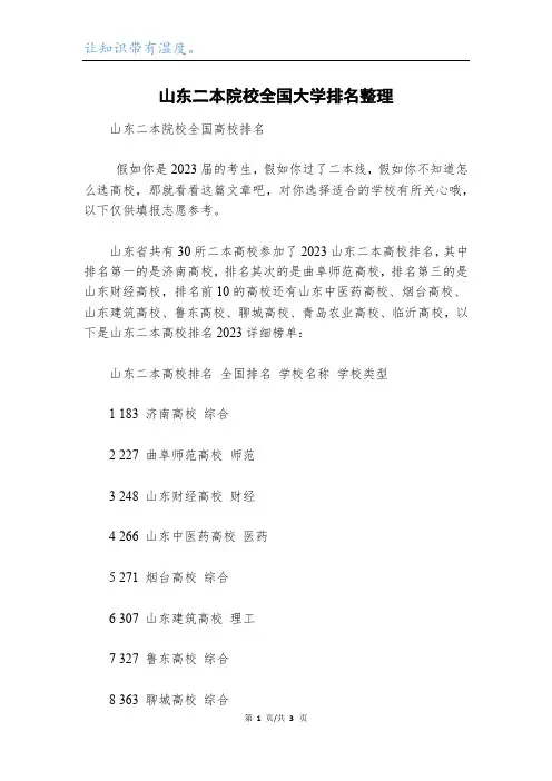 山东二本院校全国大学排名整理