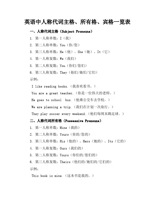 英语中人称代词主格所有格宾格一览表