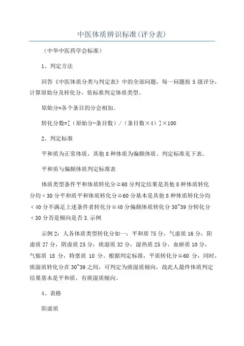 中医体质辨识标准(评分表)