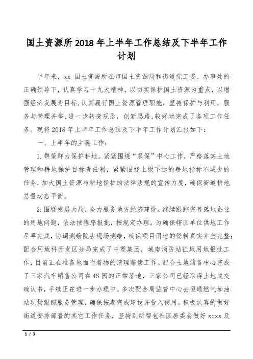 国土资源所2018年上半年工作总结及下半年工作计划
