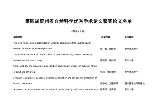 第四届贵州省自然科学优秀学术论文获奖论文名单