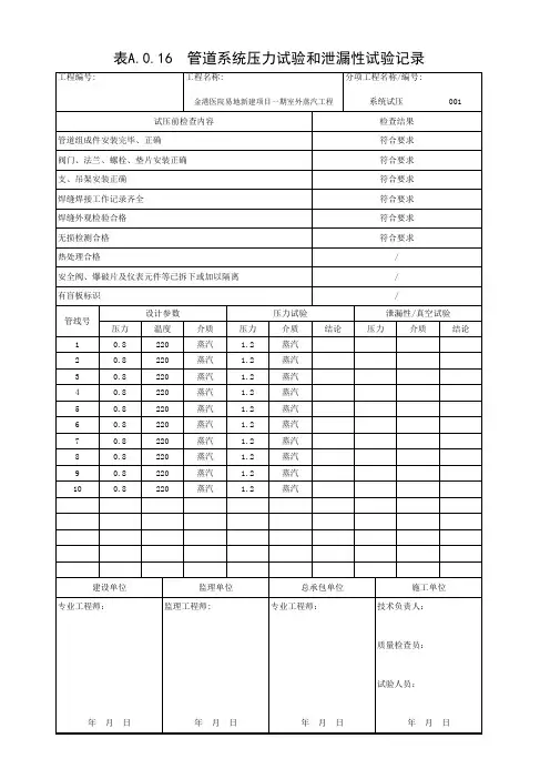 表A.0.16--管道系统压力试验和泄漏性试验记录