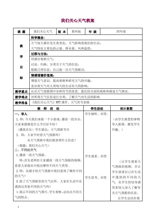 【精选】新教科版科学四年级上册《1.1、我们关心天气》教案(2).doc