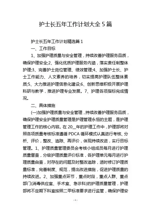 护士长五年工作计划大全5篇