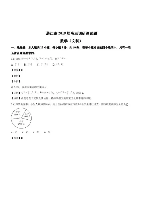 广东省湛江市2019届高三调研测试题数学(文科)试题(解析版)