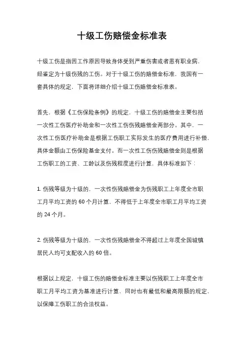 十级工伤赔偿金标准表
