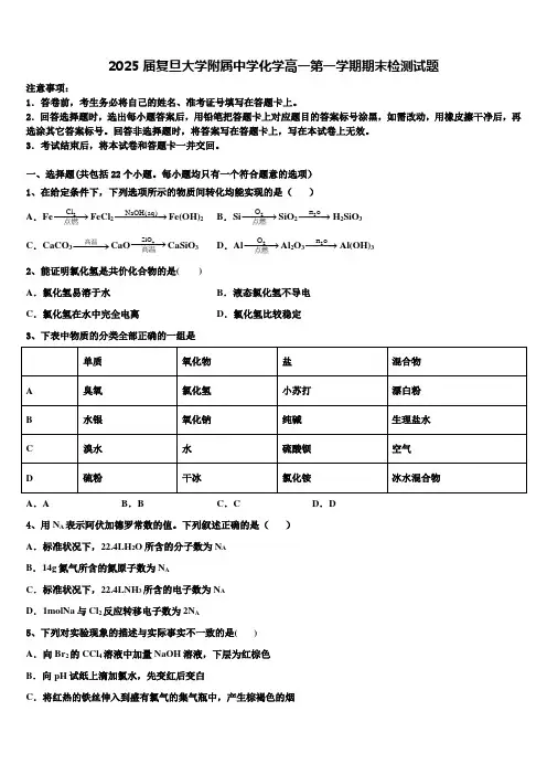 2025届复旦大学附属中学化学高一第一学期期末检测试题含解析