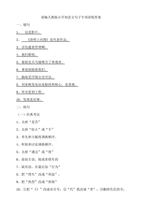 部编版小升初语文句子专项训练答案