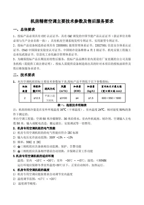 机房精密空调主要技术参数及售后服务要求