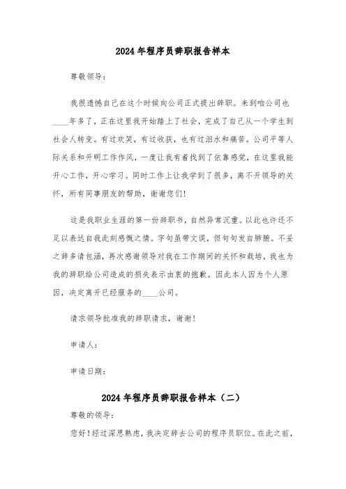 2024年程序员辞职报告样本（五篇）