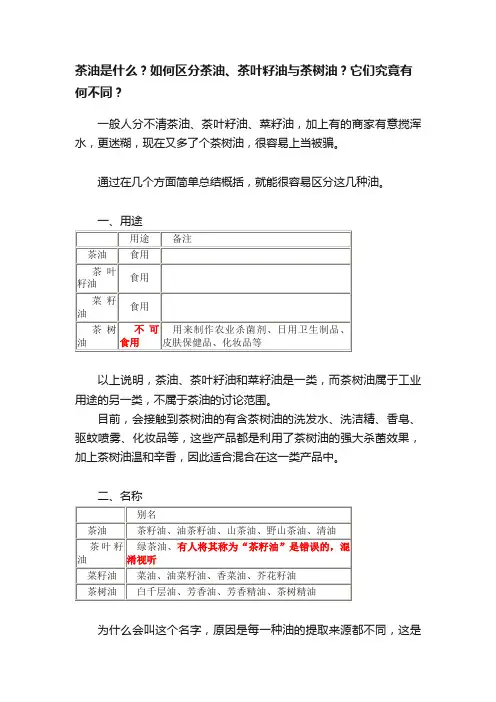 茶油是什么？如何区分茶油、茶叶籽油与茶树油？它们究竟有何不同？