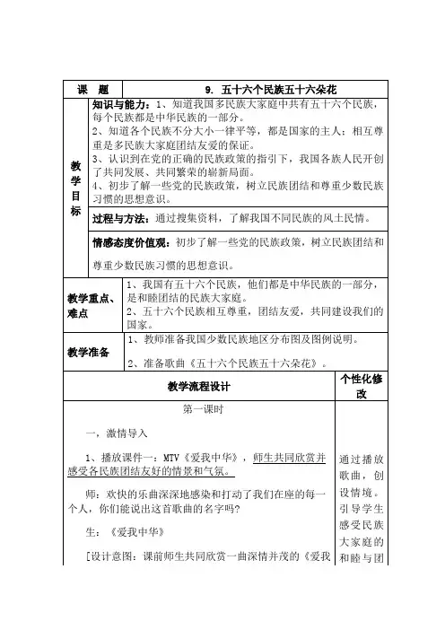 泰山版 五年级下册思想品德 9. 五十六个民族五十六朵花 教案
