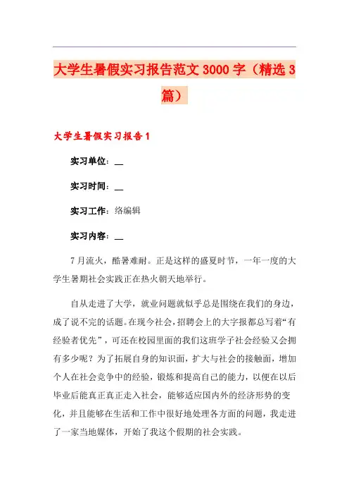 大学生暑假实习报告范文3000字(精选3篇)