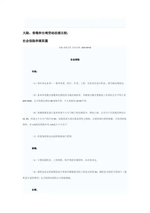大陆、香港和台湾劳动法规比较：社会保险与离职篇