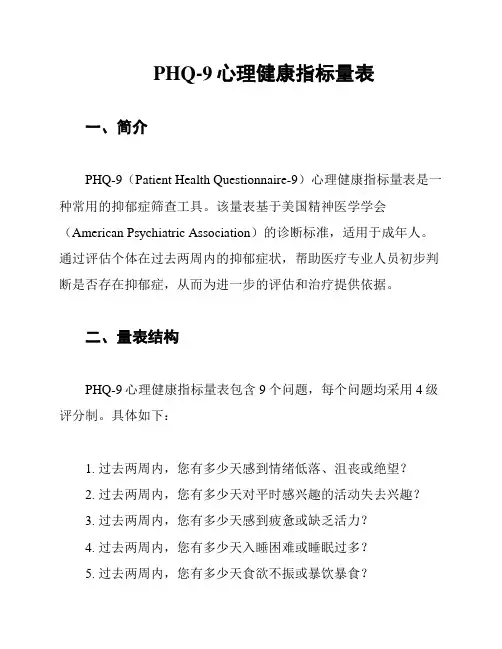 PHQ-9心理健康指标量表