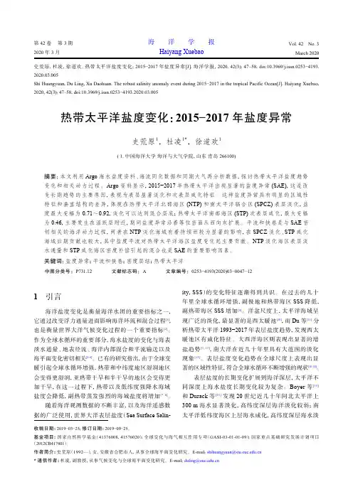 热带太平洋盐度变化2015-2017年盐度异常