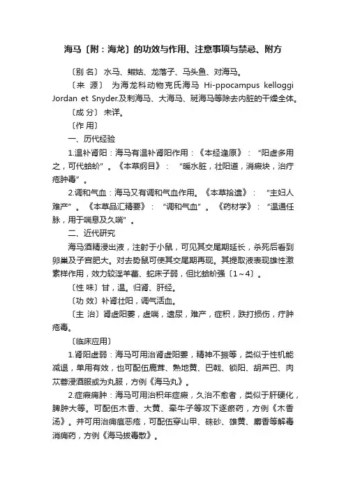 海马〔附：海龙〕的功效与作用、注意事项与禁忌、附方