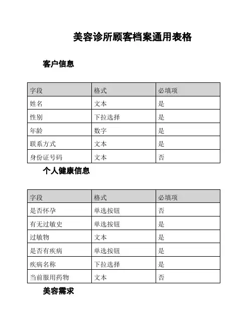 美容诊所顾客档案通用表格