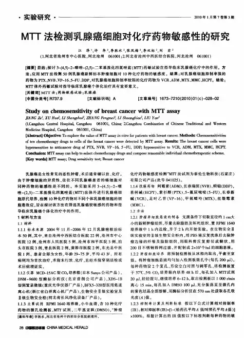 MTT法检测乳腺癌细胞对化疗药物敏感性的研究