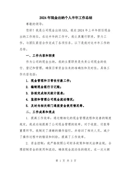 2024年现金出纳个人半年工作总结