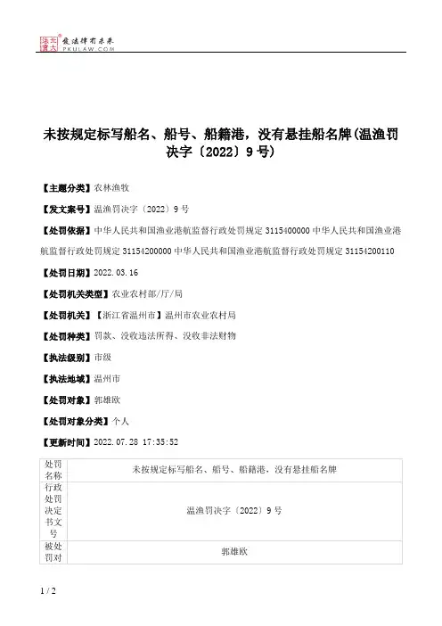 未按规定标写船名、船号、船籍港，没有悬挂船名牌(温渔罚决字〔2022〕9号)
