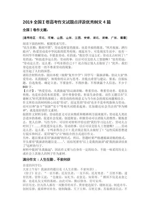 2019全国Ⅰ卷高考作文试题点评及优秀例文4篇