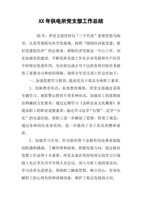 XX年供电所党支部工作总结