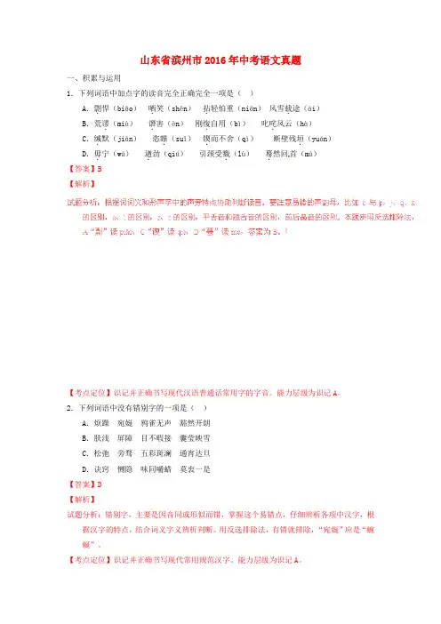 山东省滨州市2016年中考语文真题(含解析)