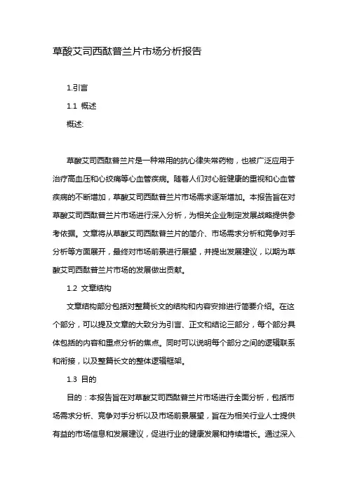 草酸艾司西酞普兰片市场分析报告