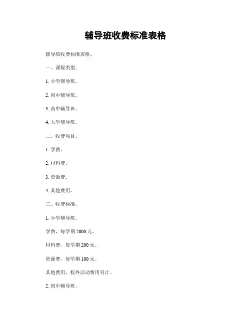 辅导班收费标准表格