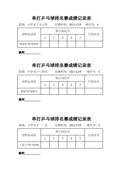 单打乒乓球比赛成绩记录表