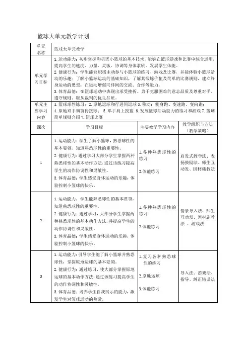 小学体育与健康五年级下册篮球大单元教学计划