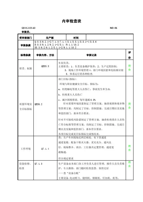 内审检查表-生产部