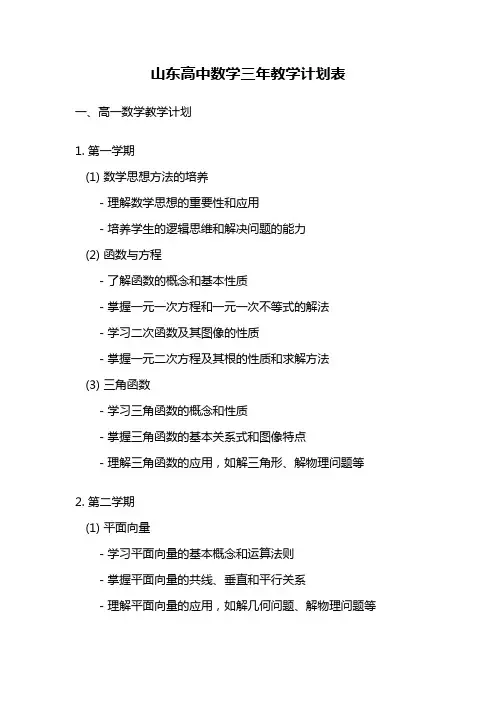 山东高中数学三年教学计划表