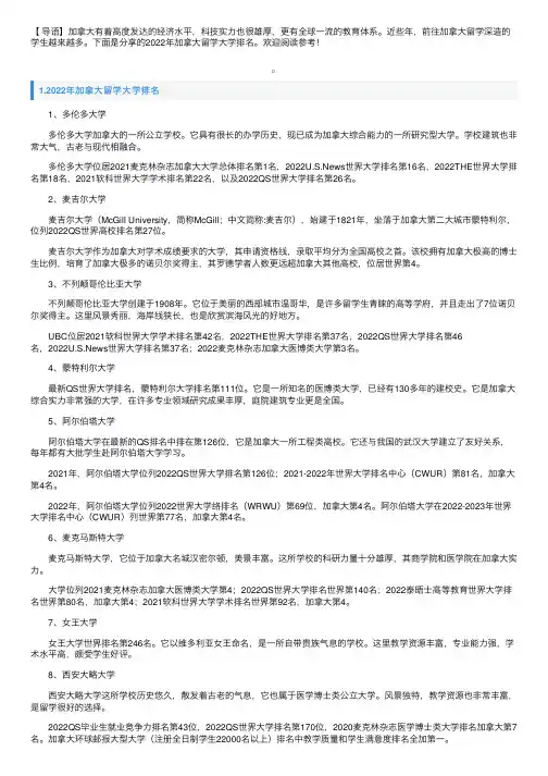 2022年加拿大留学大学排名