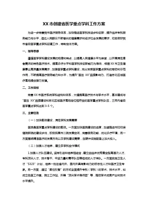 XX市创建省医学重点学科工作方案