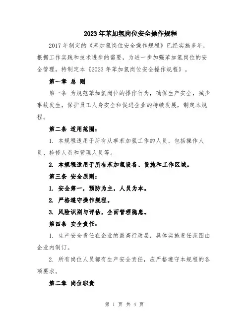 2023年苯加氢岗位安全操作规程
