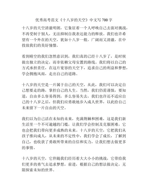 优秀高考范文《十八岁的天空》中文写700字