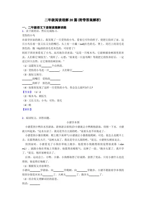 二年级阅读理解20篇(附带答案解析)