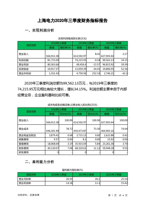 上海电力2020年三季度财务指标报告