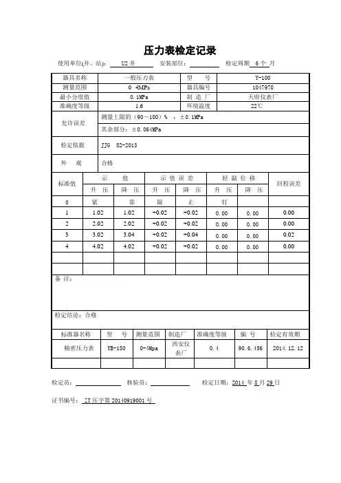 一般压力表检定记录 Y-100 0-4MPa