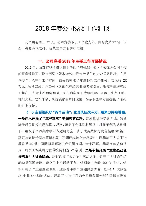 2018年度公司党委工作汇报